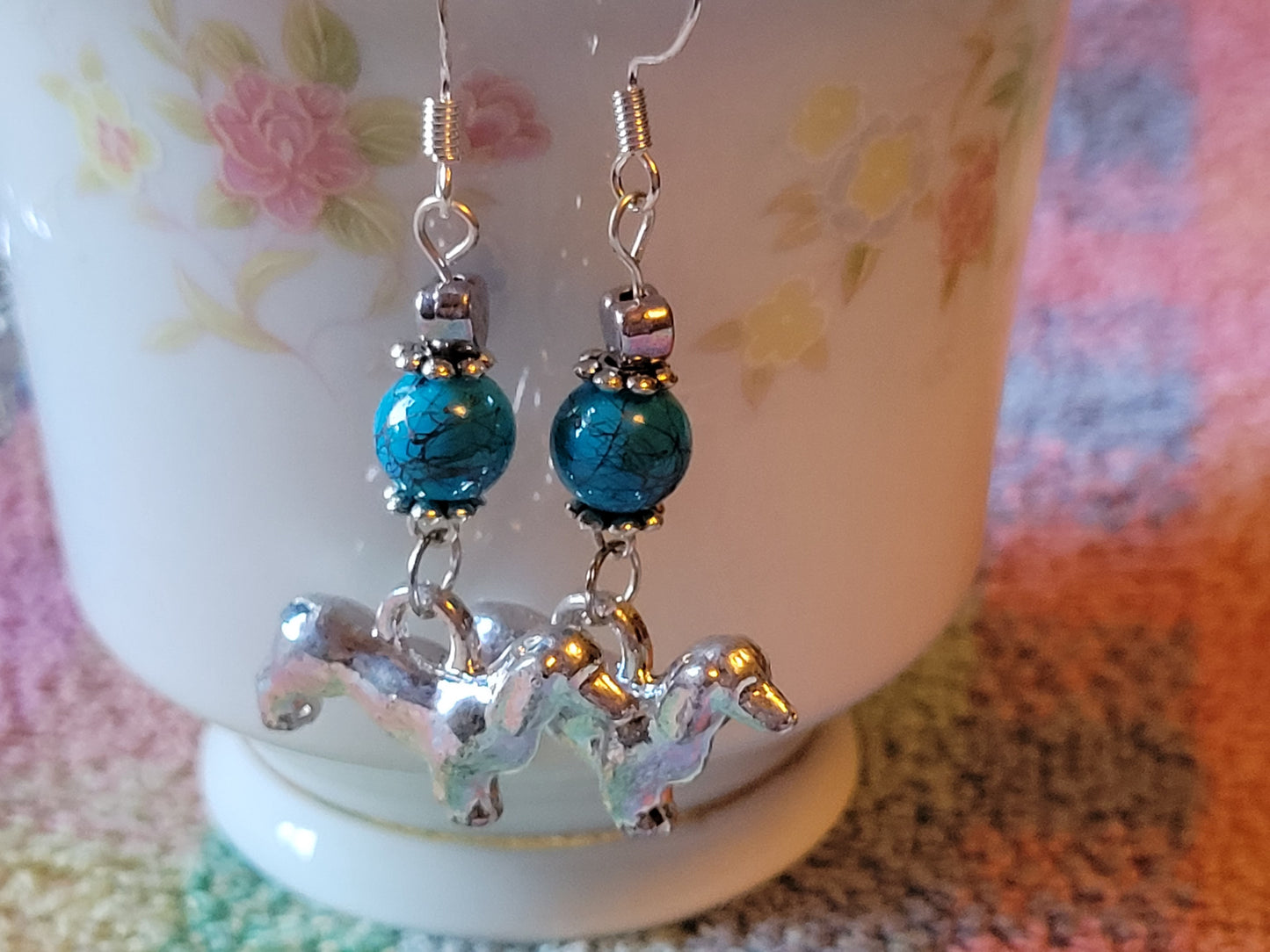 Artisan DASCHUND Dog Breed Dangle Earrings OOAK Handmade TURQUOISE