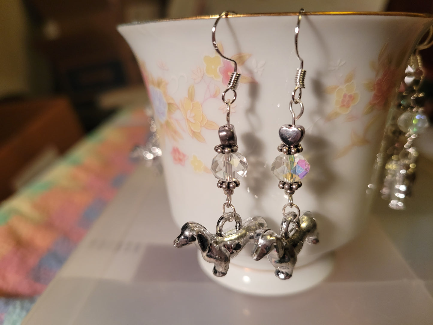 Artisan DASCHUND Dog Breed Dangle Earrings CRYSTAL Silvertone Handmade