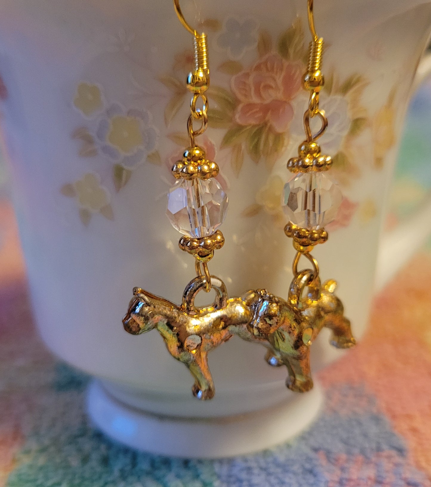 Artisan BOXER Dog Breed Dangle Earrings Gold Tone Handmade Clear Crystals