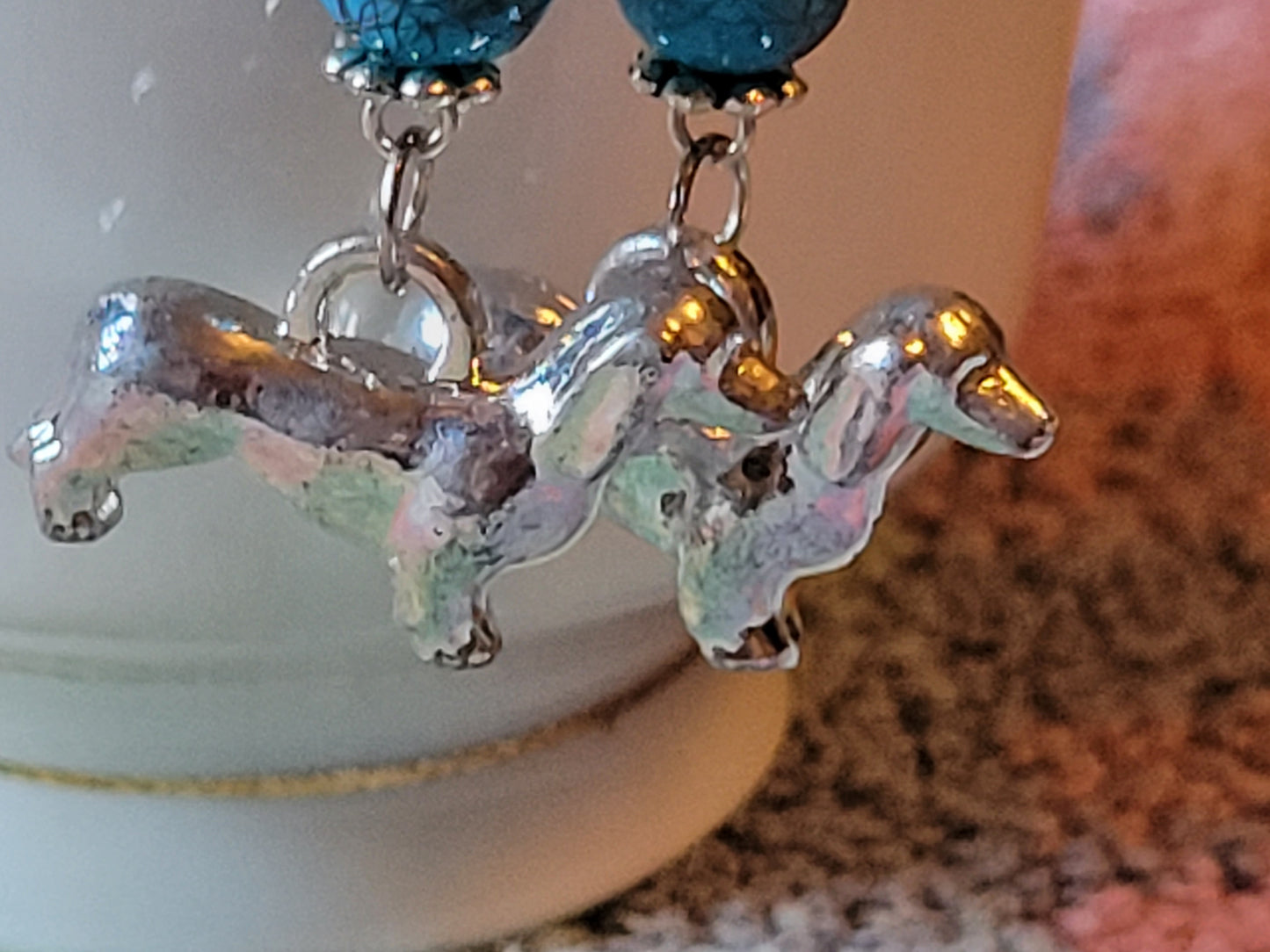 Artisan DASCHUND Dog Breed Dangle Earrings OOAK Handmade TURQUOISE