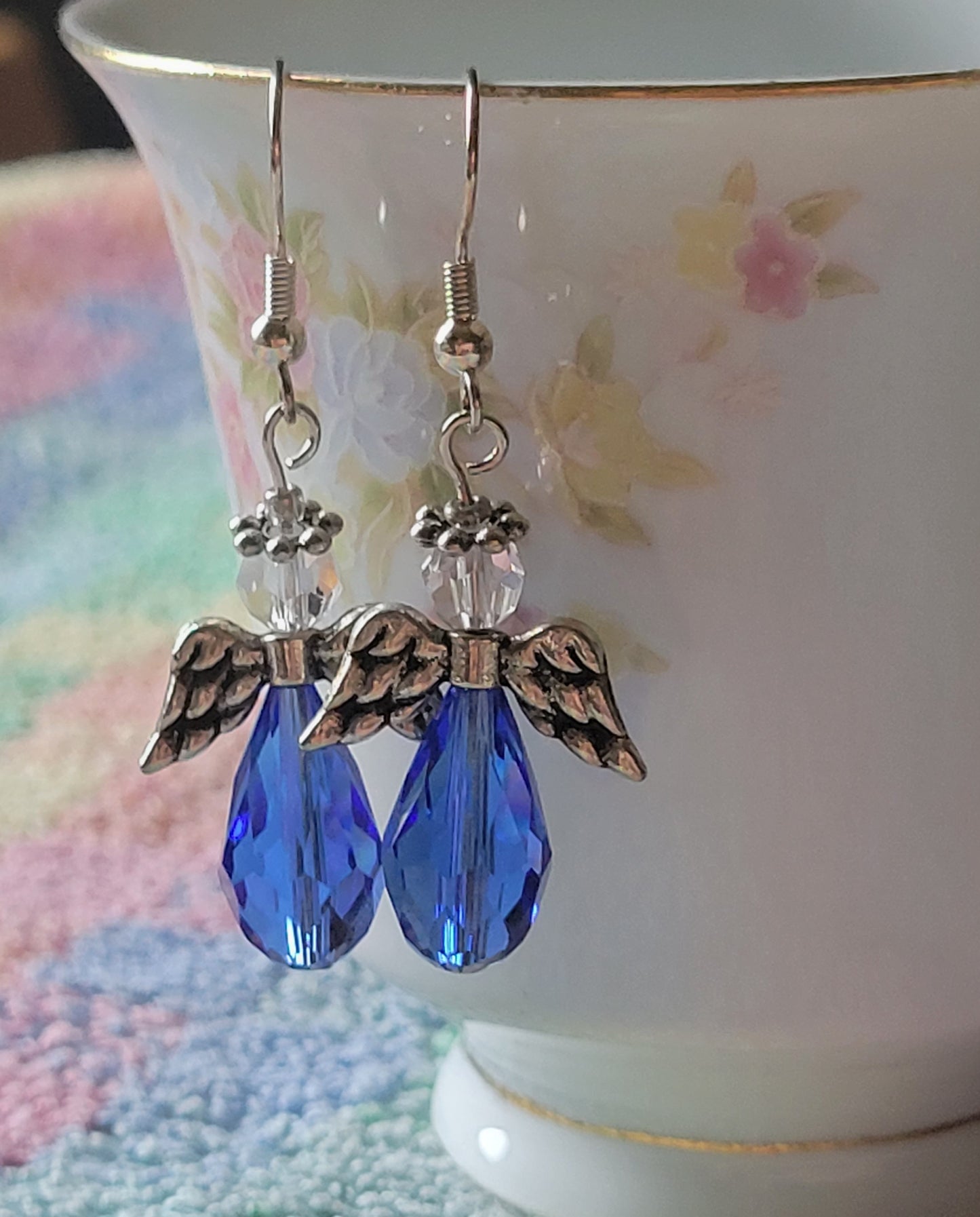 Crystal ANGEL Blue Crystal Dangle Drop Pierced Earrings Fashion Silvertone French Wire