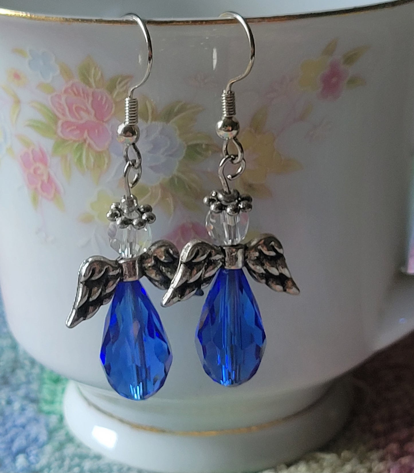 Crystal ANGEL Blue Crystal Dangle Drop Pierced Earrings Fashion Silvertone French Wire