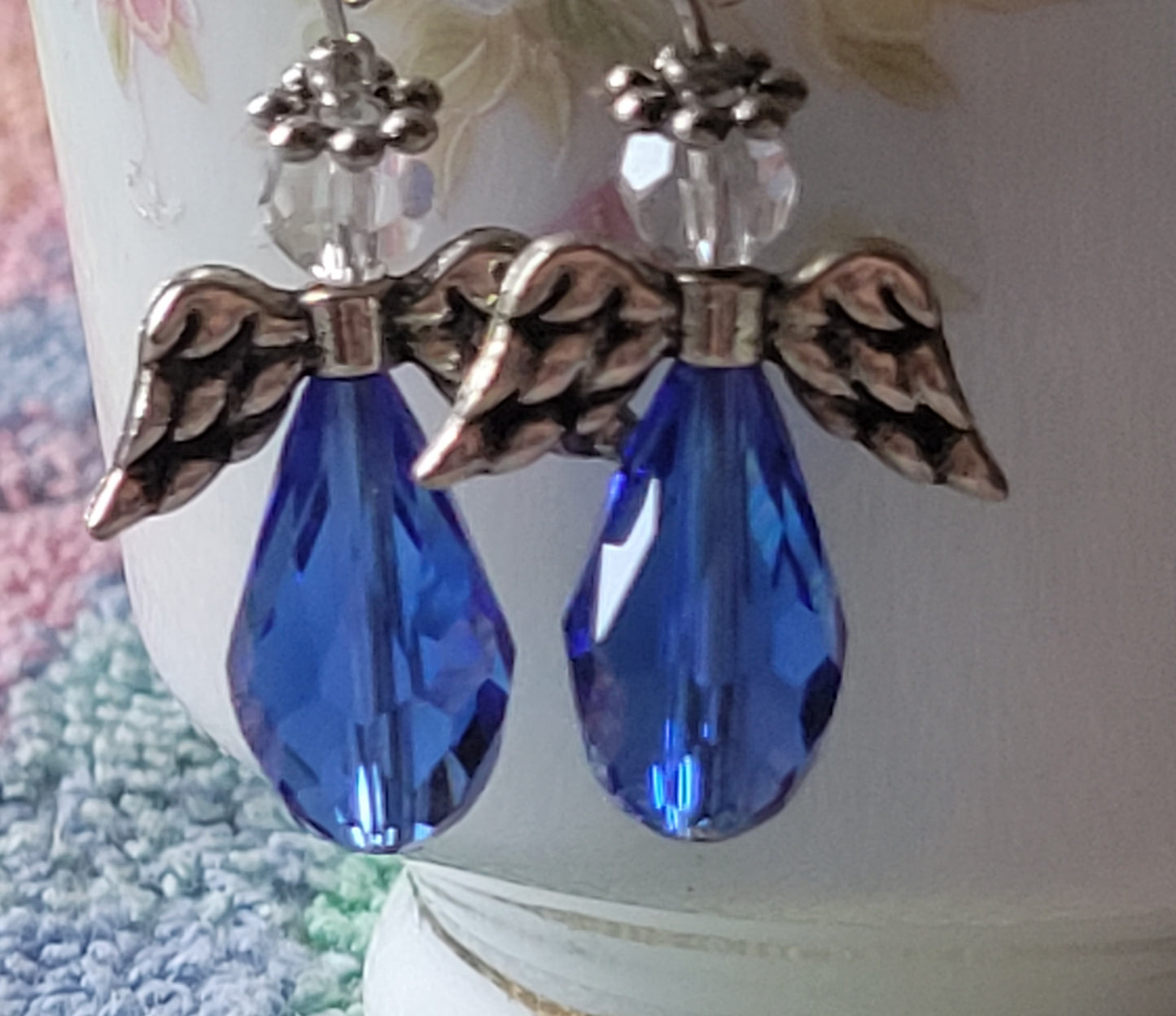 Crystal ANGEL Blue Crystal Dangle Drop Pierced Earrings Fashion Silvertone French Wire
