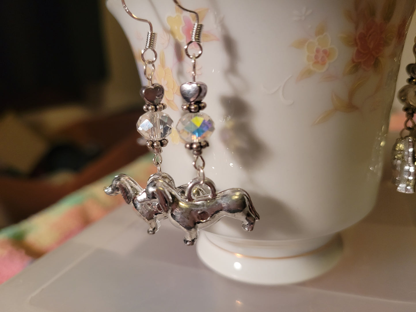 Artisan DASCHUND Dog Breed Dangle Earrings CRYSTAL Silvertone Handmade