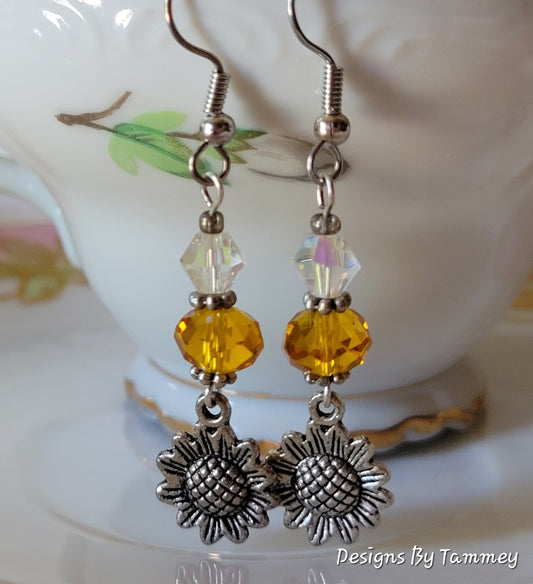 Sunflower Crystal Long Dangle/Drop Earrings OOAK