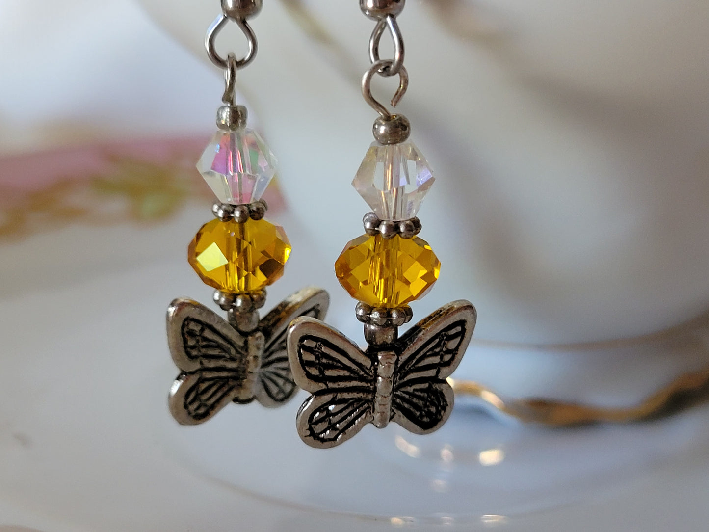 Butterfly Crystal Dangle Fashion Earrings OOAK