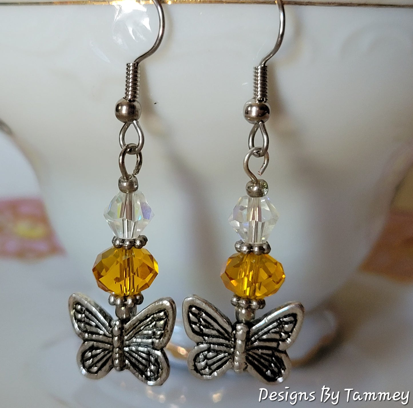 Butterfly Crystal Dangle Fashion Earrings OOAK