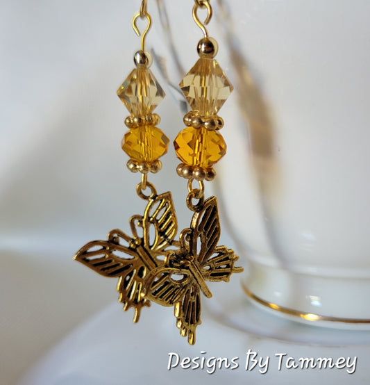 Butterfly Crystal Gold Tone Long Dangle Fashion Earrings