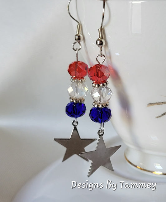 Star Crystal Red White Blue Long Dangle Drop Earrings Patriotic OOAK