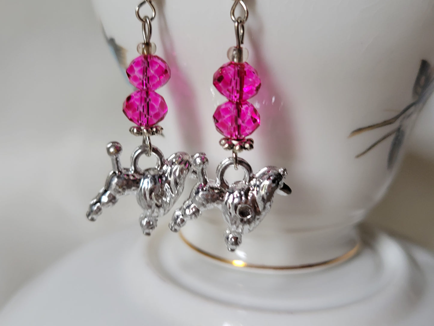 Dog Earrings POODLE Dangle/Drop Pink Crystals OOAK