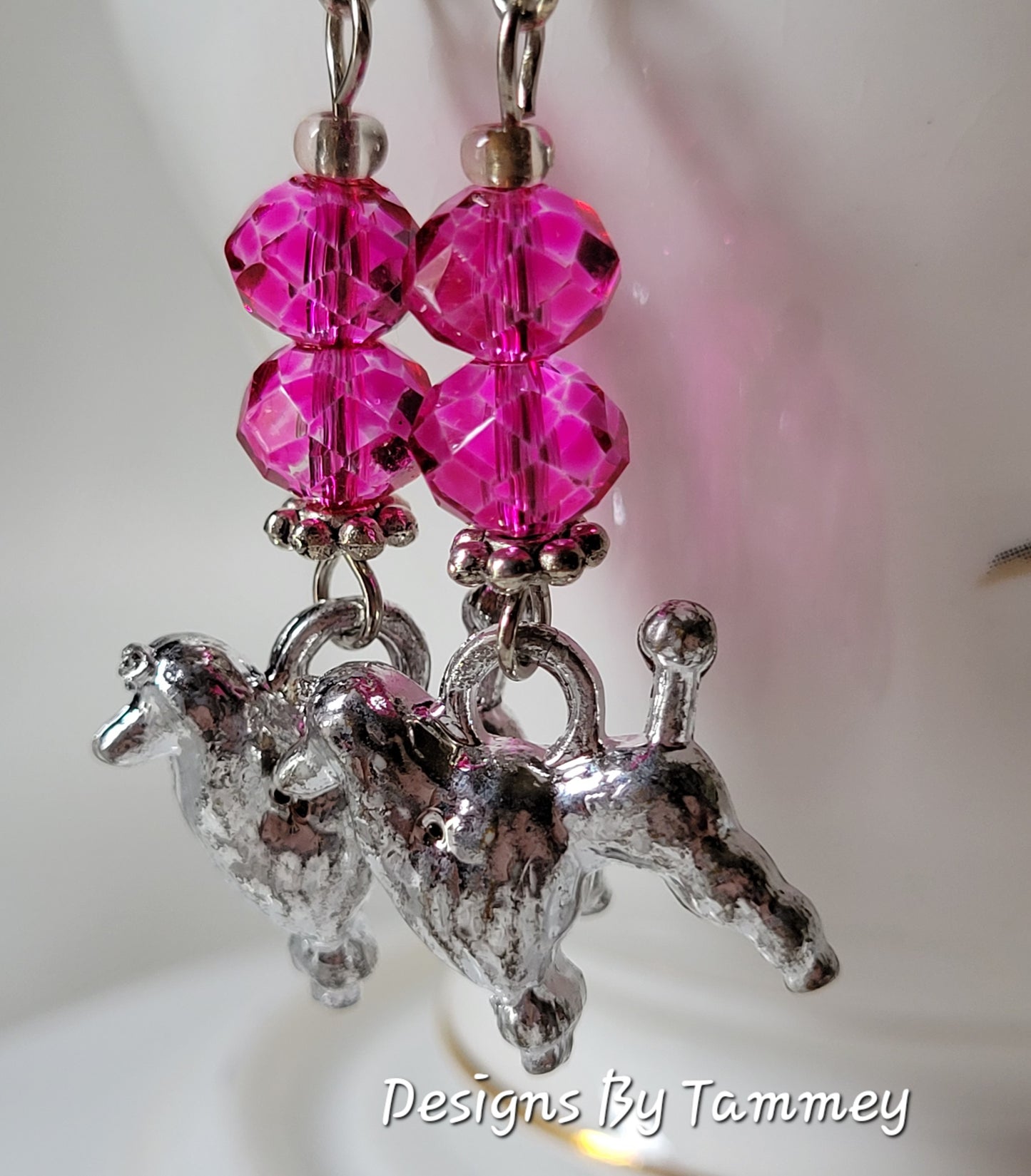 Dog Earrings POODLE Dangle/Drop Pink Crystals OOAK