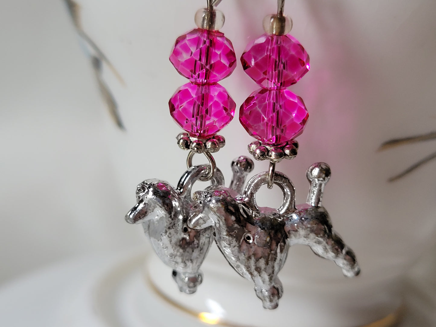 Dog Earrings POODLE Dangle/Drop Pink Crystals OOAK