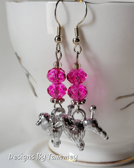 Dog Earrings POODLE Dangle/Drop Pink Crystals OOAK