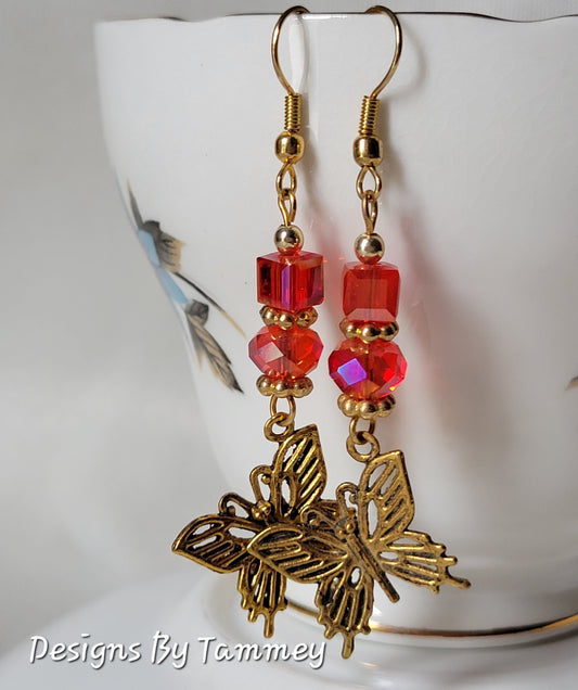 Red Crystal & Butterfly Dangle Goldtone Earrings