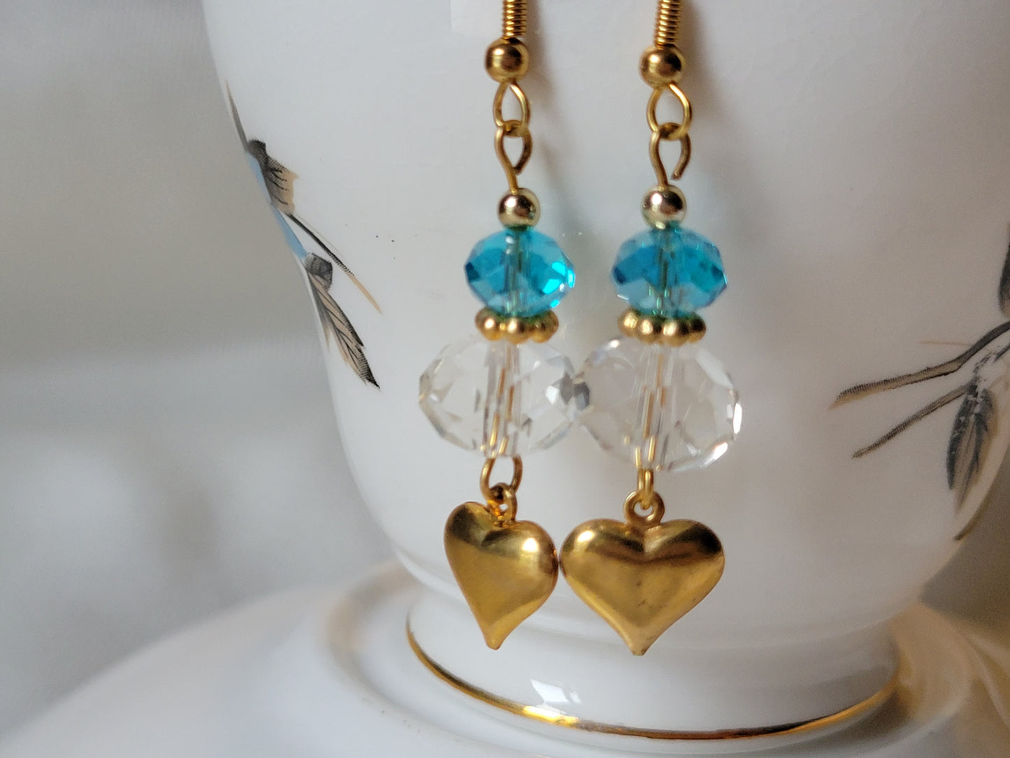 Heart & Turquoise Blue Crystal Dangle/Drop Goldtone Earrings