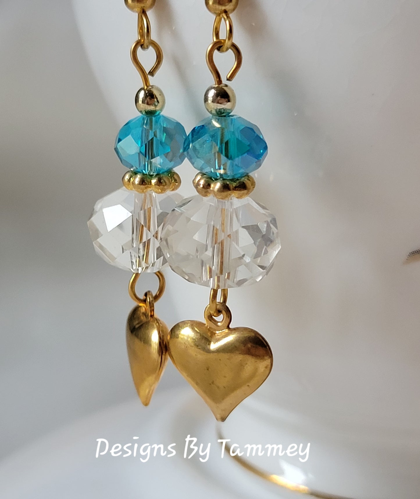 Heart & Turquoise Blue Crystal Dangle/Drop Goldtone Earrings