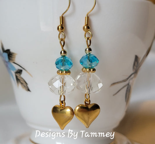 Heart & Turquoise Blue Crystal Dangle/Drop Goldtone Earrings