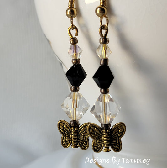 Butterfly Black Crystal Gold Tone Dangle Drop Earrings