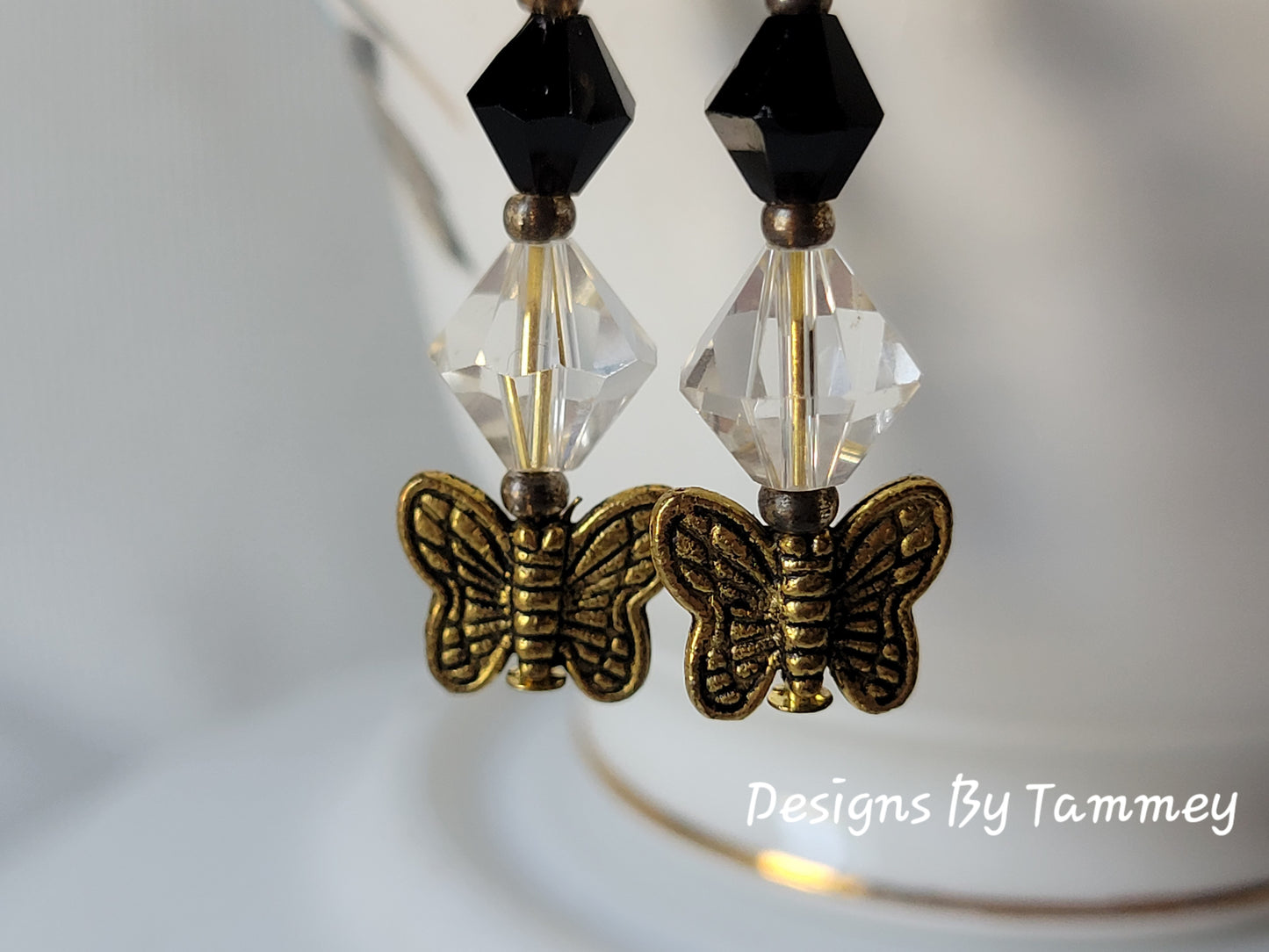 Butterfly Black Crystal Gold Tone Dangle Drop Earrings