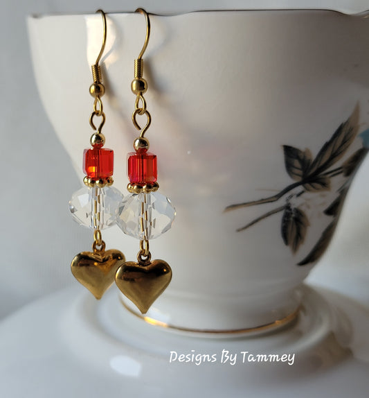 Red & Clear Crystal Gold Tone HEART Long Dangle Drop Earrings