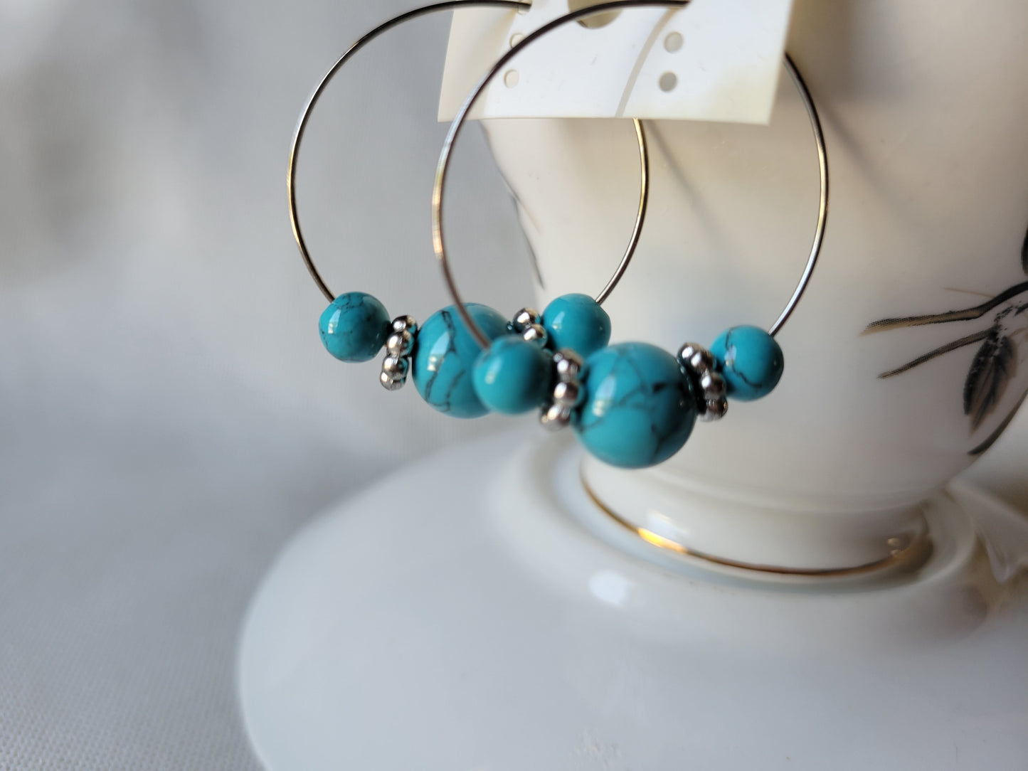 Turquoise BOHO Style Beaded Hoop Silver Tone Fashion Earrings