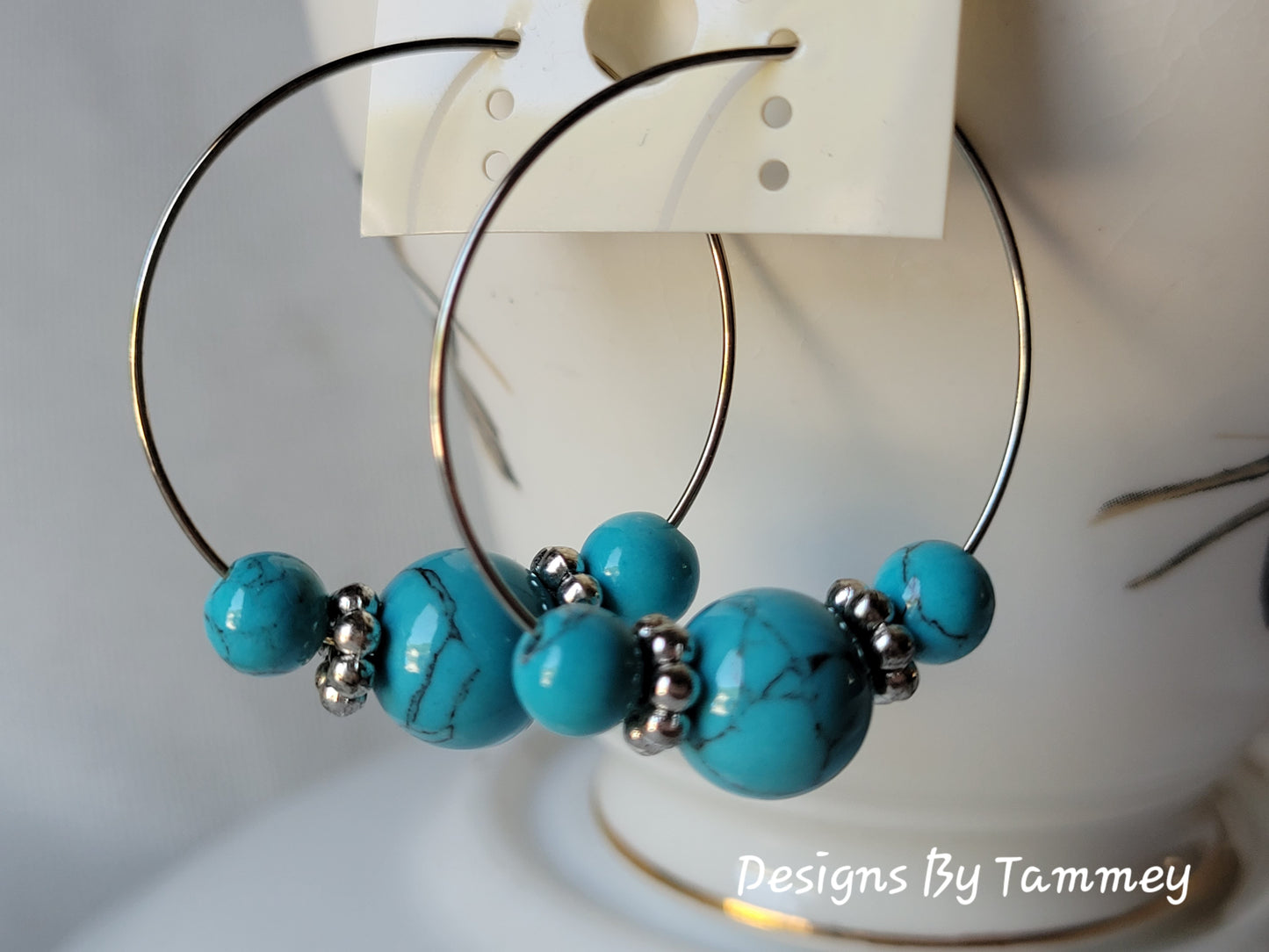 Turquoise BOHO Style Beaded Hoop Silver Tone Fashion Earrings