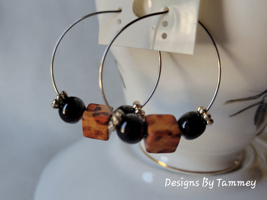 Leopard & Black Beaded Silver Tone Hoop Earrings OOAK