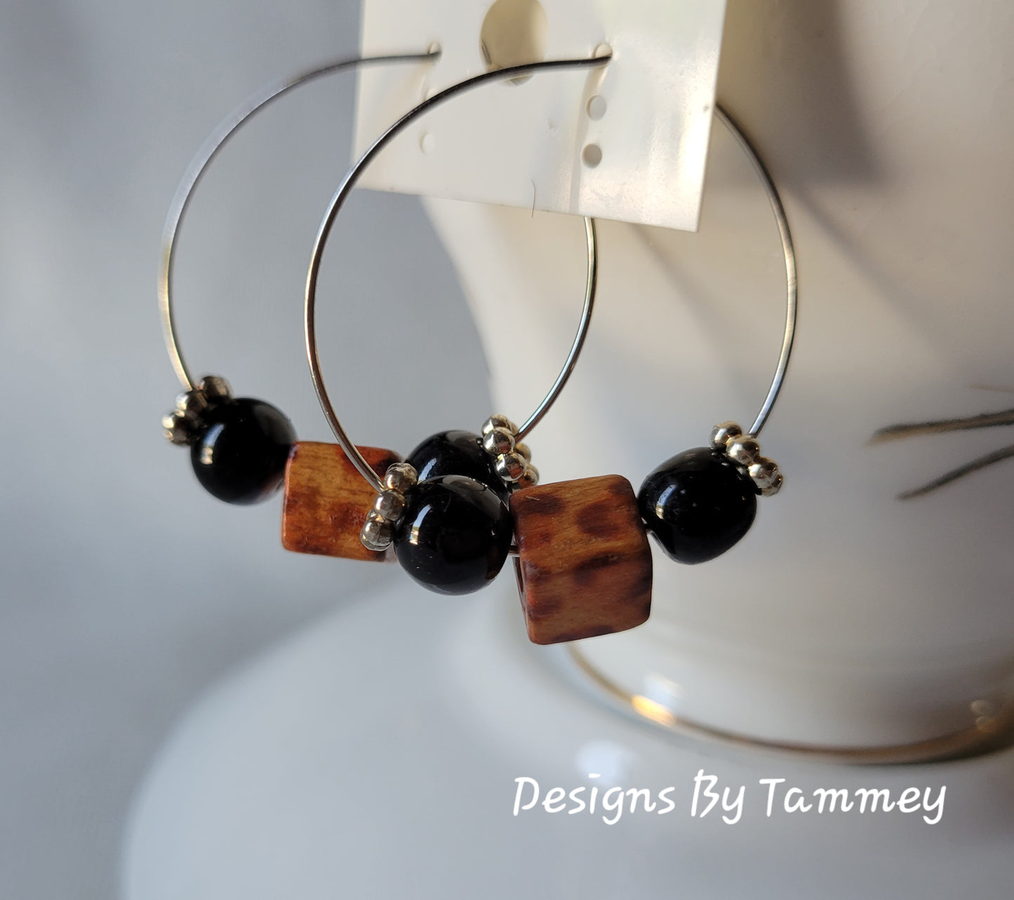 Leopard & Black Beaded Silver Tone Hoop Earrings OOAK