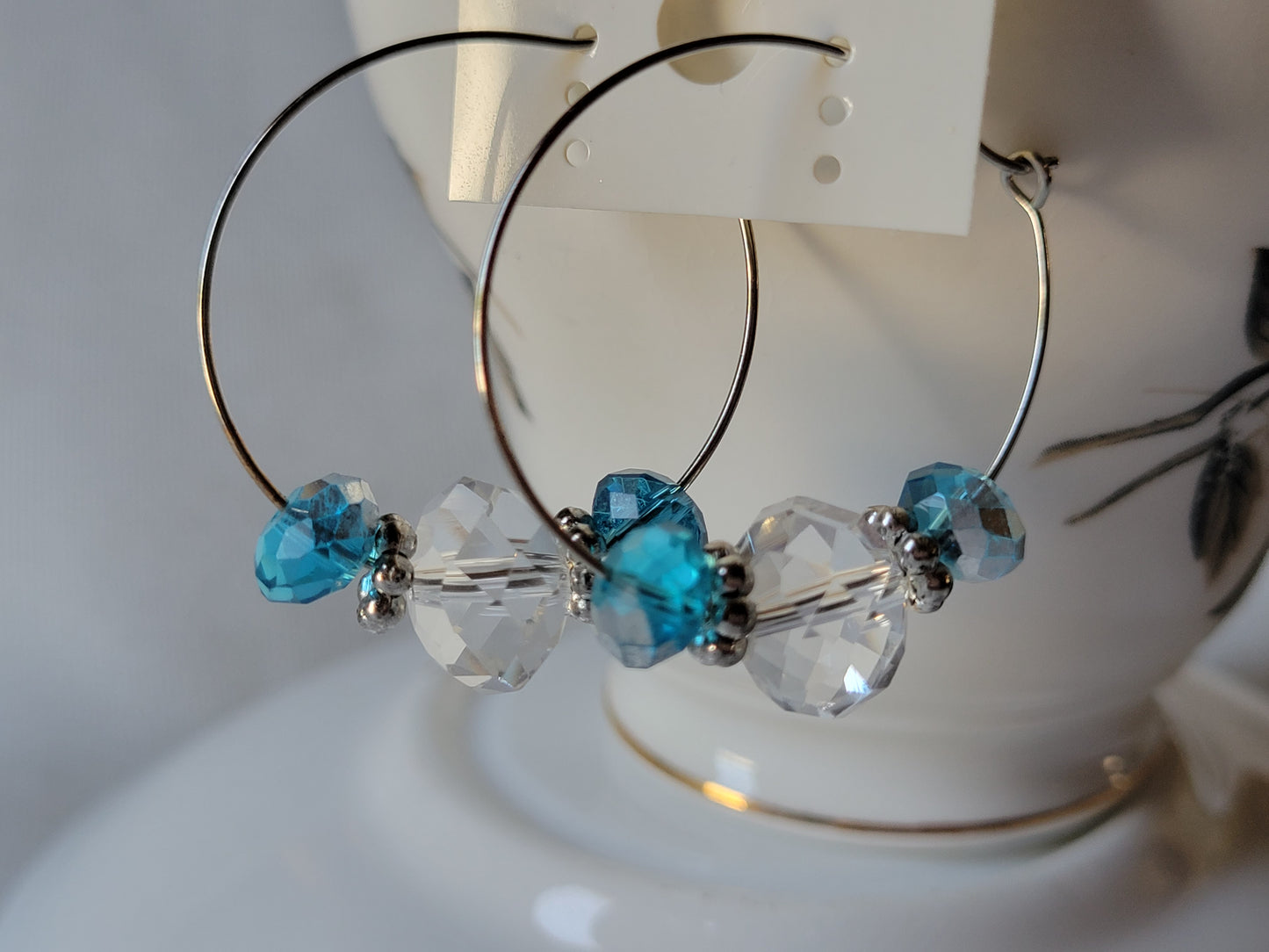 Turquoise & Clear Crystal Beaded Silver Tone Hoop Earrings