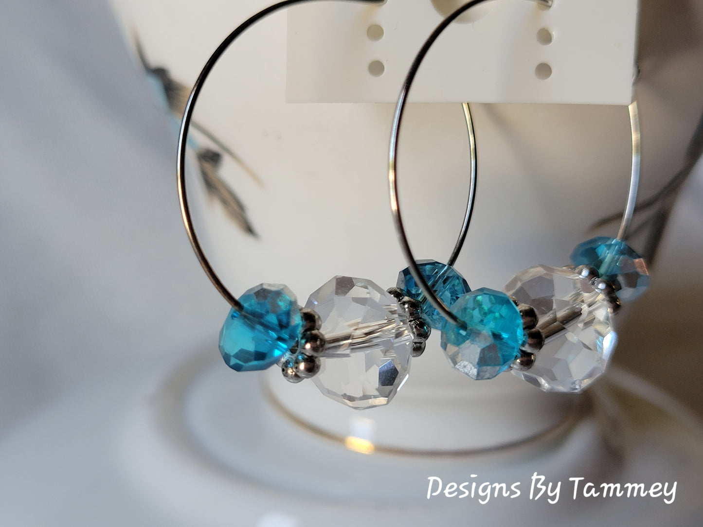 Turquoise & Clear Crystal Beaded Silver Tone Hoop Earrings