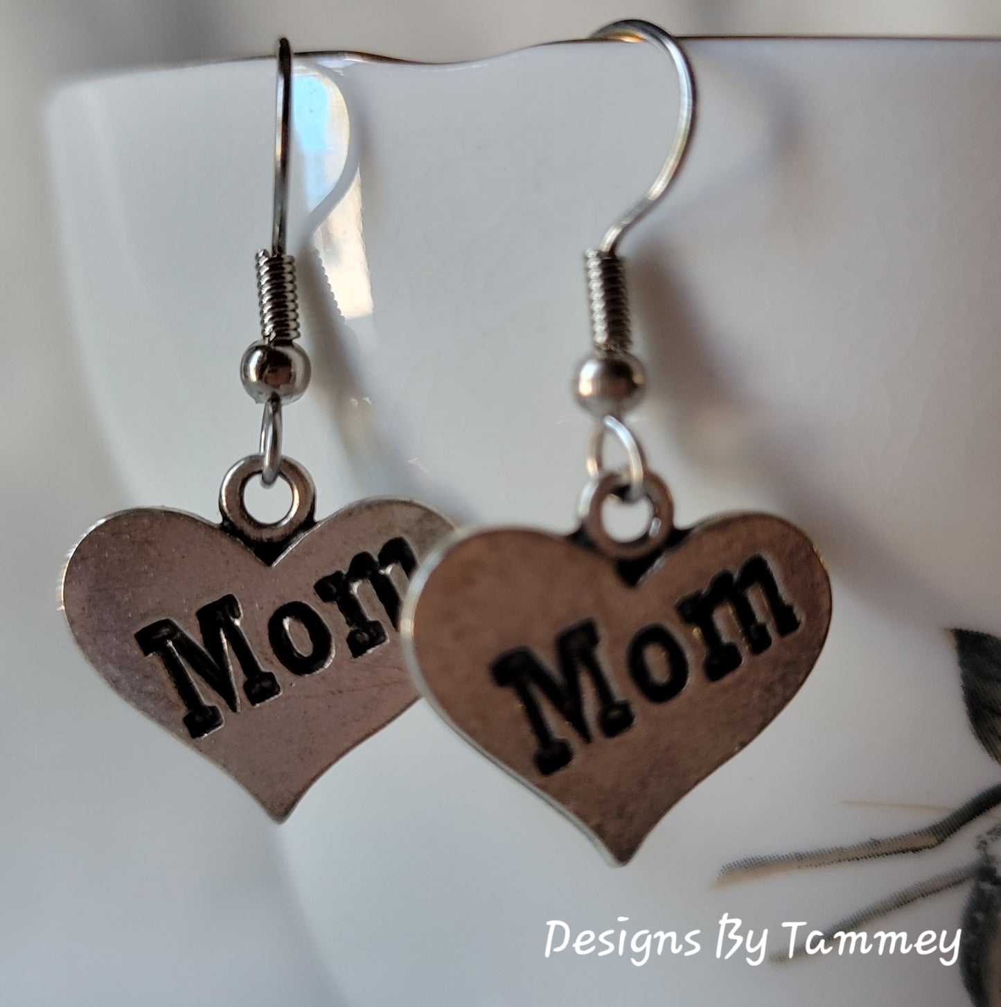 MOM Heart Silver Tone Dangle Drop French Wire Earrings