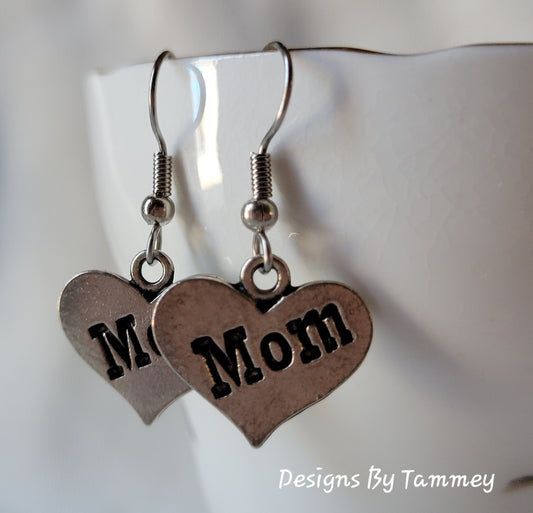 MOM Heart Silver Tone Dangle Drop French Wire Earrings