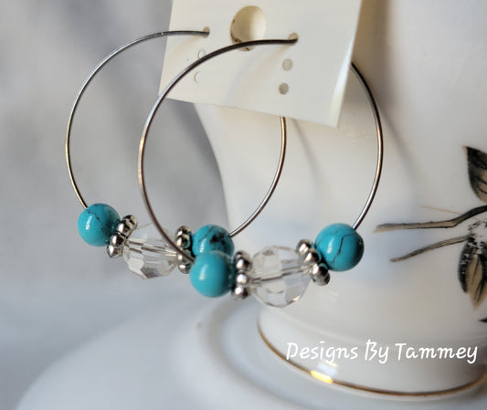 Turquoise & Crystal Silver Tone Fashion Hoop Earrings