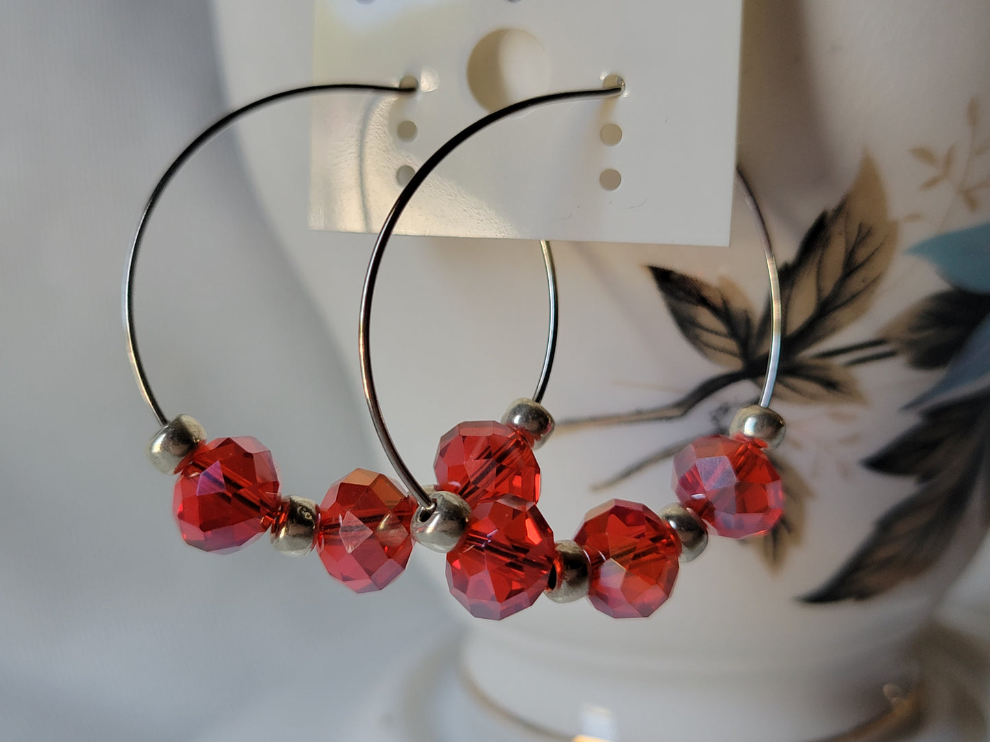 Red Crystal SilverTone Beaded Hoop Earrings