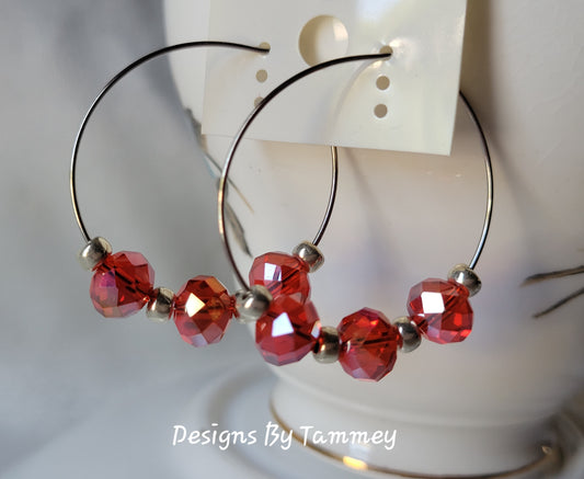 Red Crystal SilverTone Beaded Hoop Earrings