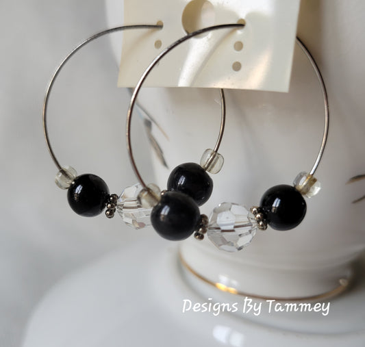 Black Bead & Crystal Hoop Fashion Earrings