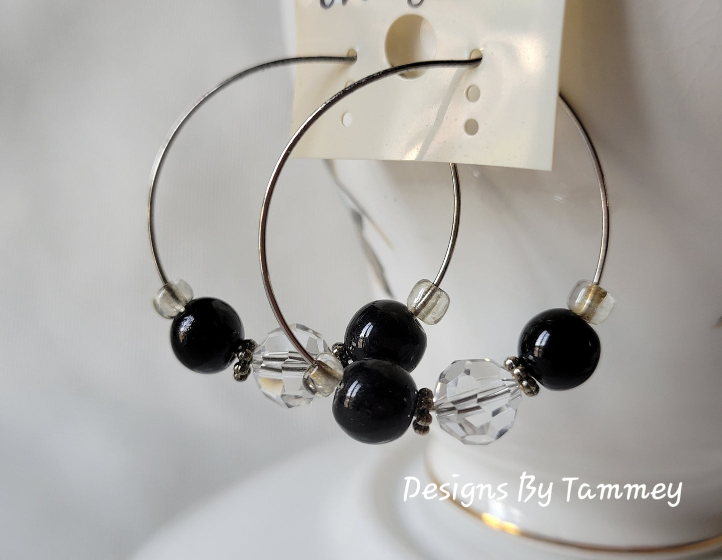 Black Bead & Crystal Hoop Fashion Earrings