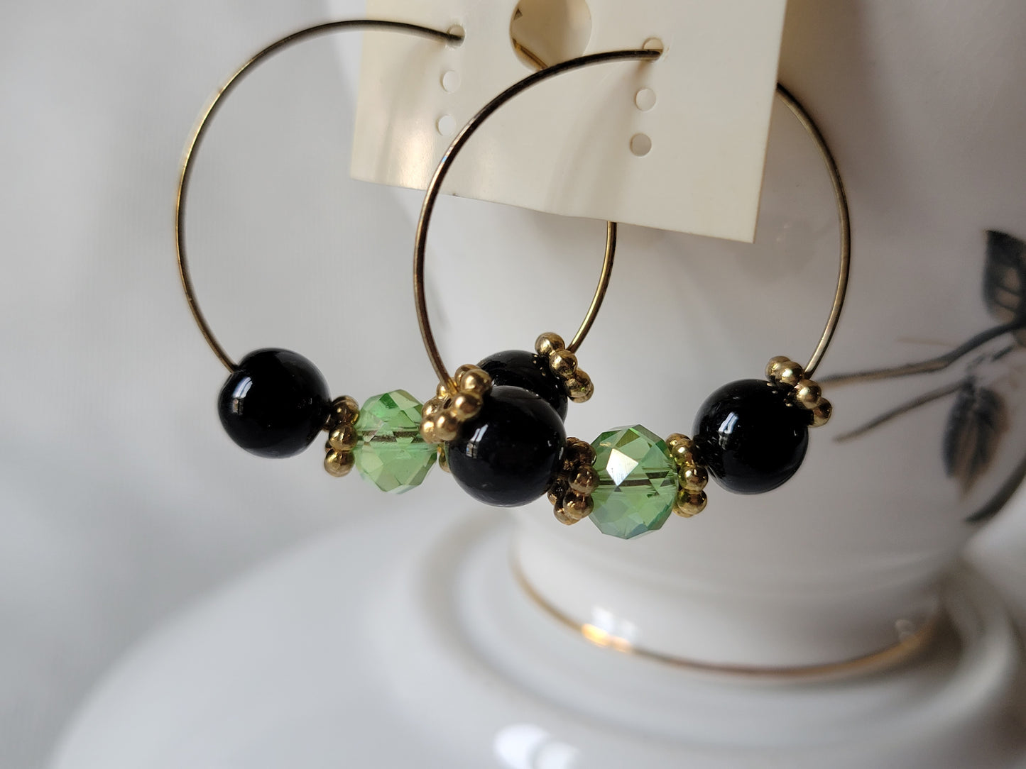 Green Crystal & Black Bead Hoop Fashion Earrings