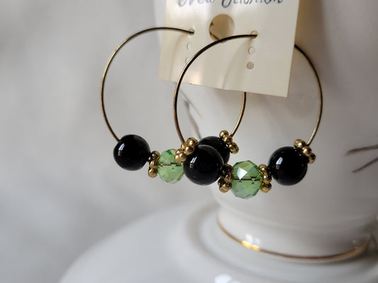 Green Crystal & Black Bead Hoop Fashion Earrings