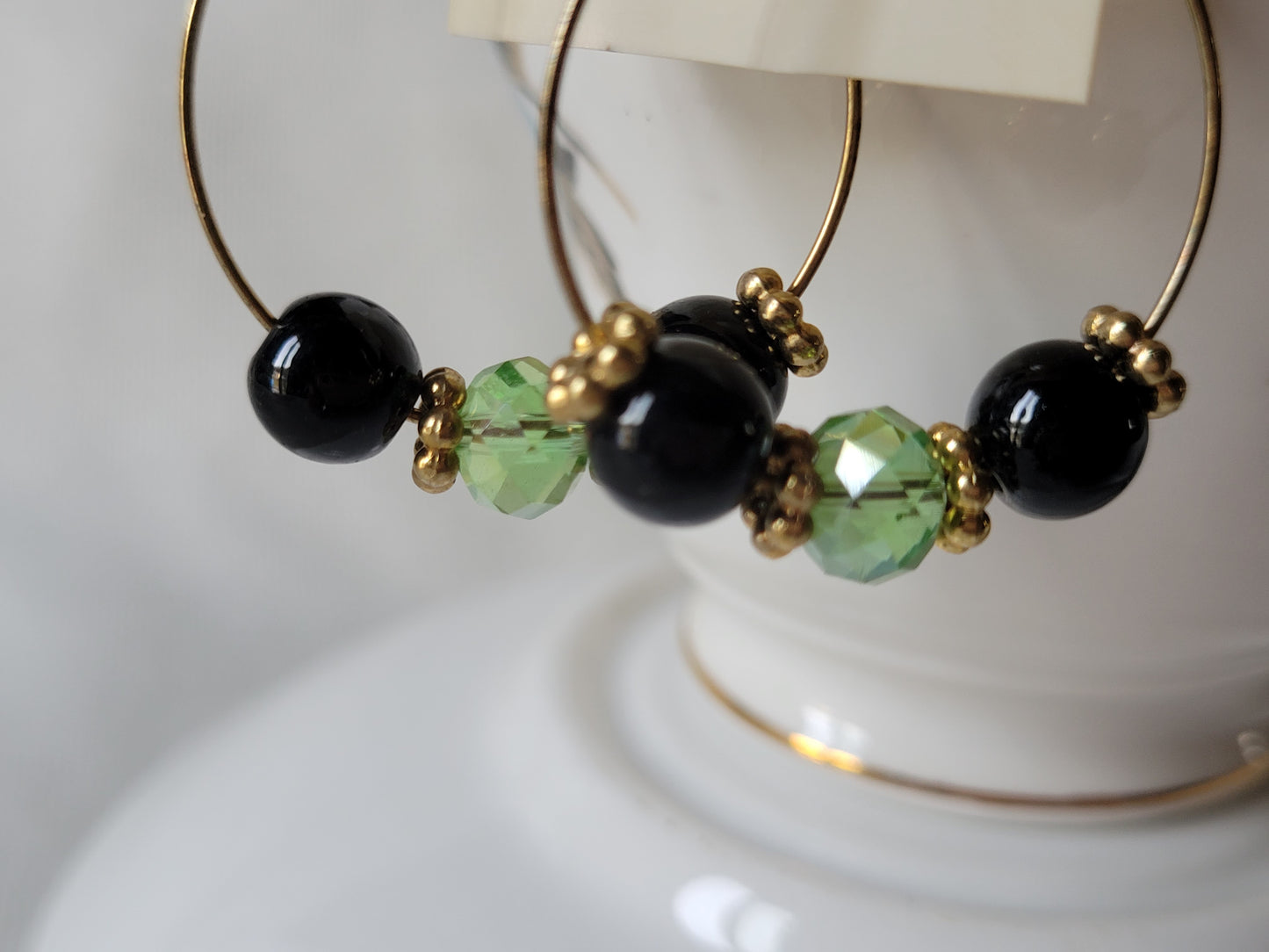 Green Crystal & Black Bead Hoop Fashion Earrings