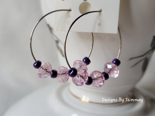 Pink Crystal & Purple Beaded Hoop Fashion Earrings