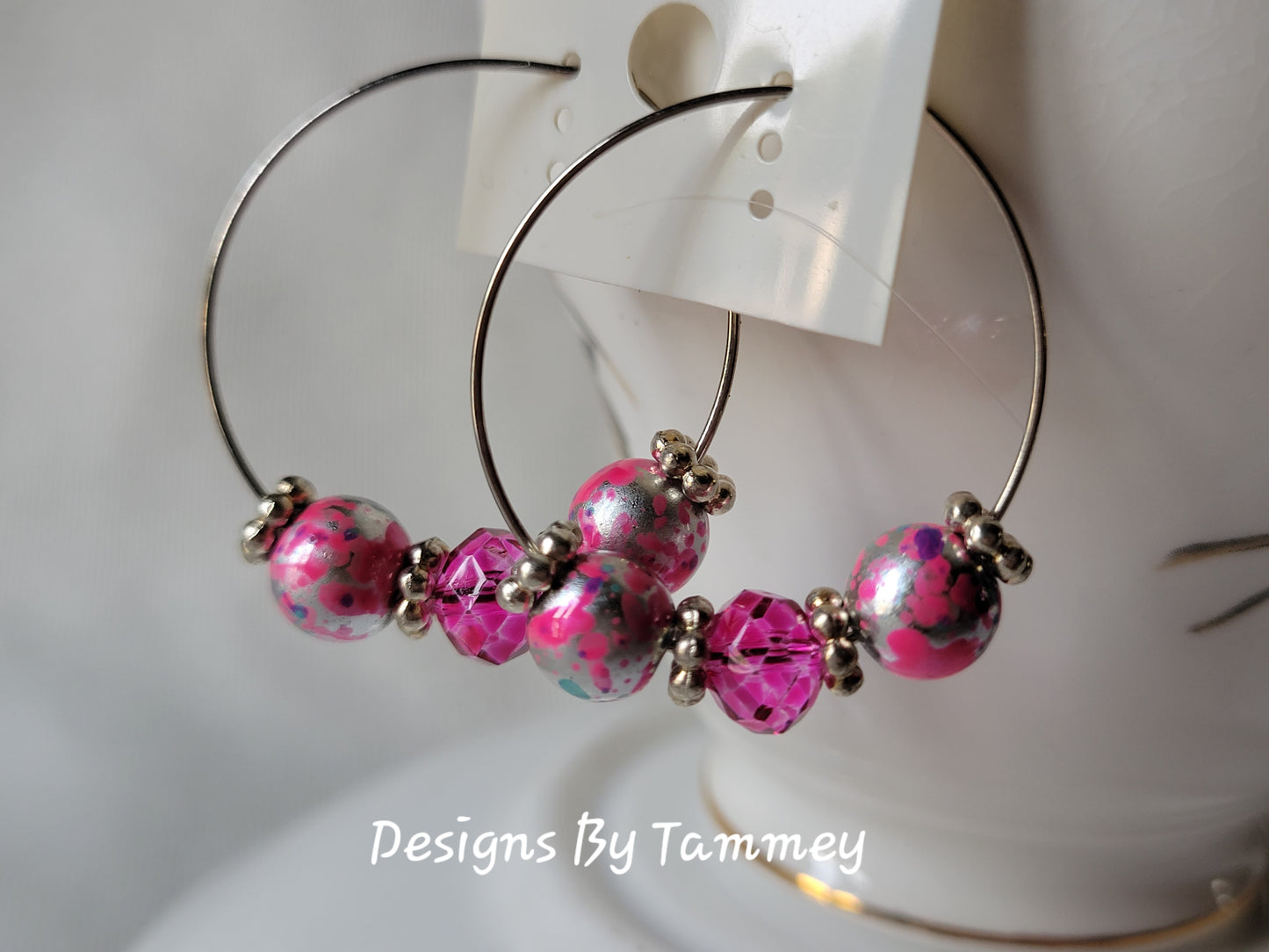 Hot Pink Crystal Silver Tone Hoop Fashion Earrings