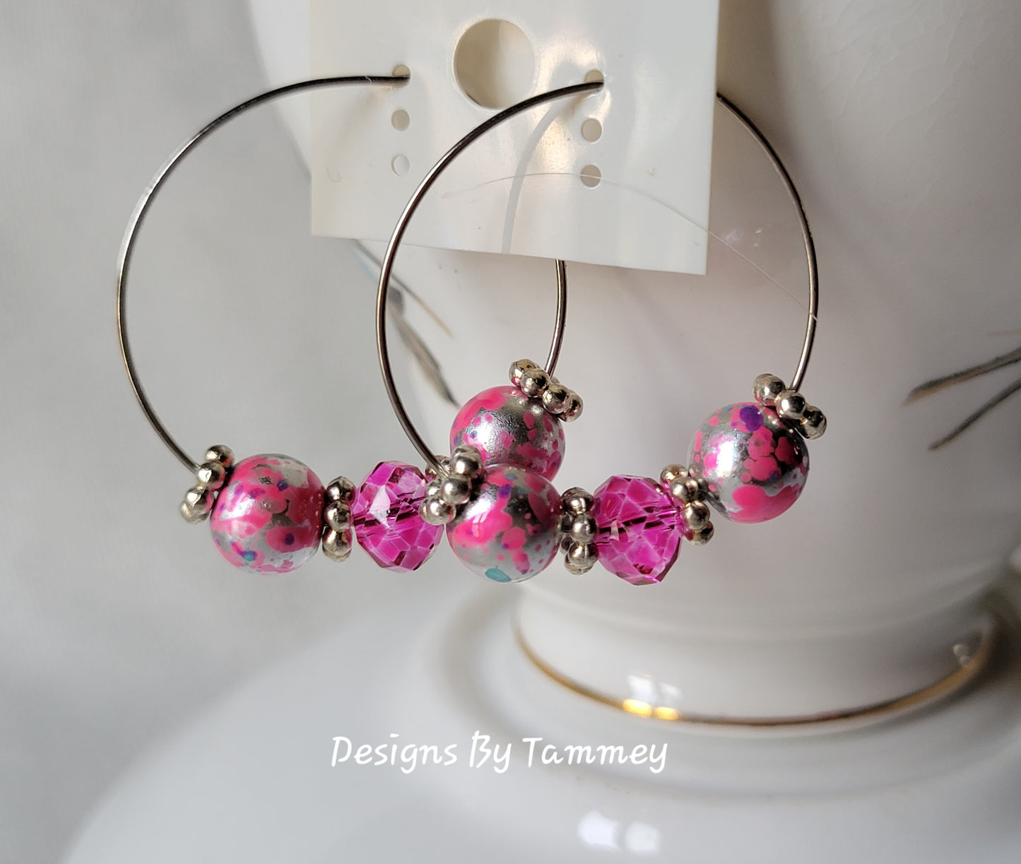 Hot Pink Crystal Silver Tone Hoop Fashion Earrings