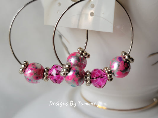 Hot Pink Crystal Silver Tone Hoop Fashion Earrings