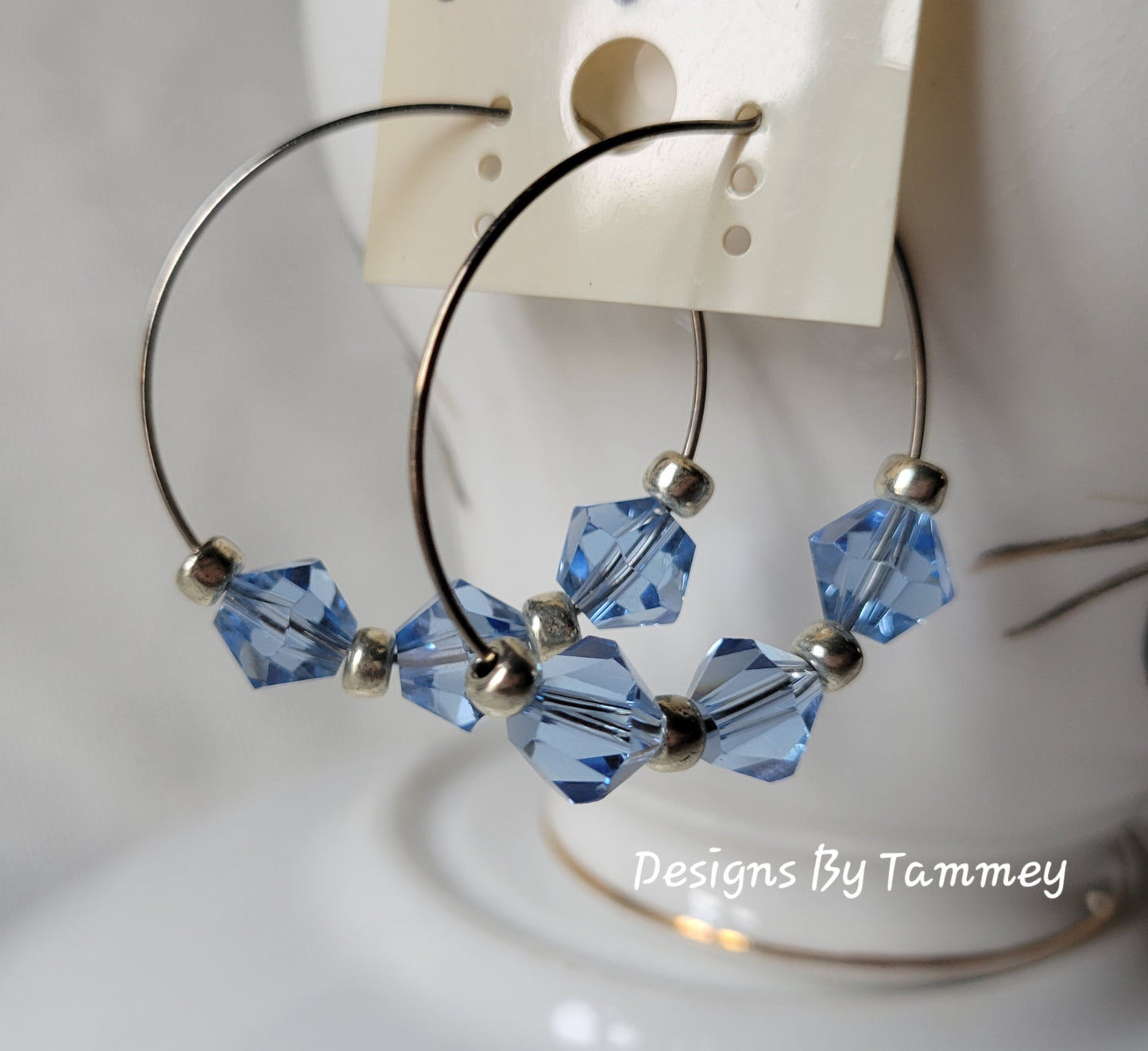 Light Blue Crystal Silver Tone Hoop Beaded Fashion Earrings