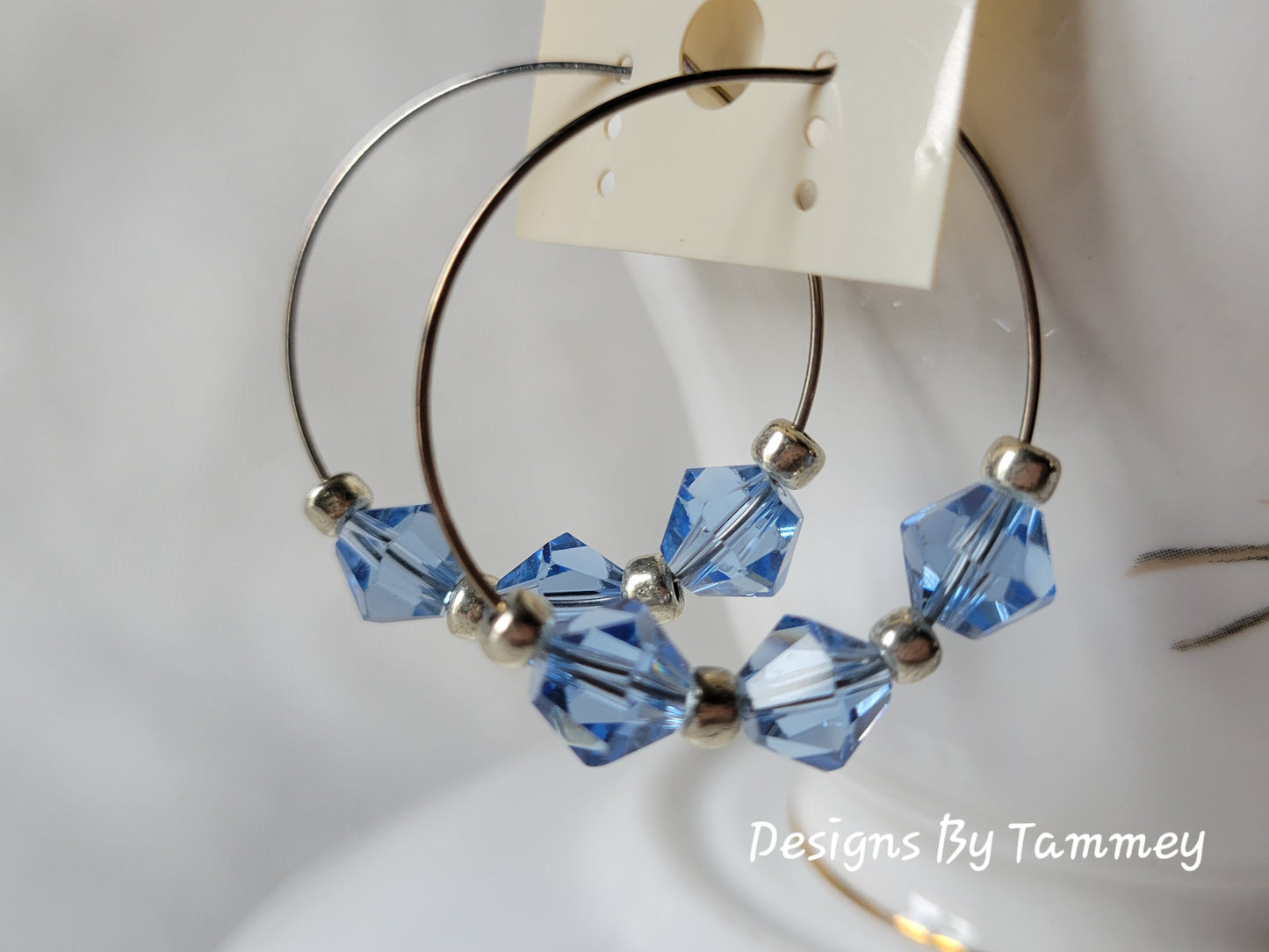 Light Blue Crystal Silver Tone Hoop Beaded Fashion Earrings