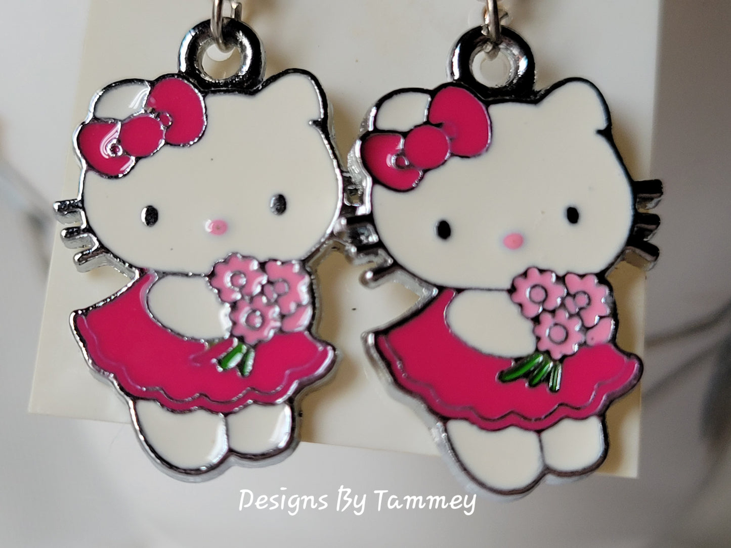 Hello Kitty with Pink Flowers French Wire Dangle Earrings