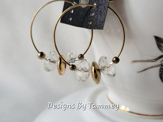 Clear Crystal Hoop Gold Tone Beaded Fashion Pierced Earrings