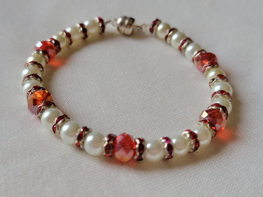 White Glass Pearl & Red Crystal Silver Tone Womens Bracelet Magnetic Clasp