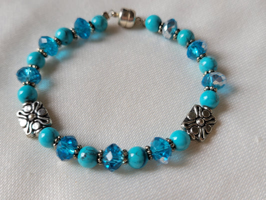 Turquoise Blue Beads & Crystal Beaded Silver Tone Bracelet Magnetic Clasp